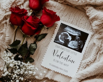 Valentinstag Babymitteilung Digitale, einfache minimalistische Schwangerschaftmitteilung Digitale, bearbeitbare Social Media Baby Reveal-Vorlage