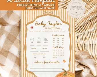 Op de afbeelding: Een rechthoekige babyshower-spelkaart met een wit midden, goudgestreepte randen en een aquarel pompoen onderaan. De tekst luidt Baby Taylor Predictions, Birth Month, Birth Day en Advice for Parents met bijbehorende iconen.