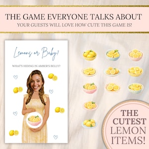 Puede incluir: Un juego para baby shower con el texto "&iquest;Limones o beb&eacute;?" y "&iquest;Qu&eacute; se esconde en la barriga de Amber?" La imagen incluye ilustraciones de limones y una mujer con un vestido amarillo. Tambi&eacute;n est&aacute; presente el texto "&iexcl;Los art&iacute;culos de lim&oacute;n m&aacute;s lindos!"