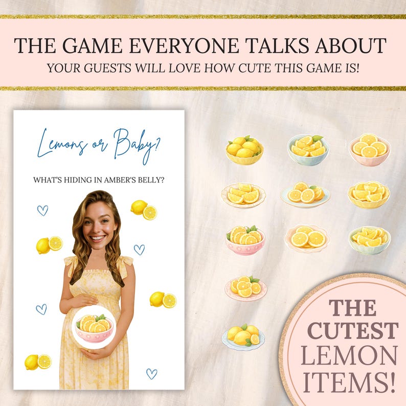 Puede incluir: Un juego para baby shower con el texto "&iquest;Limones o beb&eacute;?" y "&iquest;Qu&eacute; se esconde en la barriga de Amber?" La imagen incluye ilustraciones de limones y una mujer con un vestido amarillo. Tambi&eacute;n est&aacute; presente el texto "&iexcl;Los art&iacute;culos de lim&oacute;n m&aacute;s lindos!"