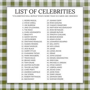 a list of celebrities with their names and ages, along with a statement about repeating when more than 52 cards are ordered.