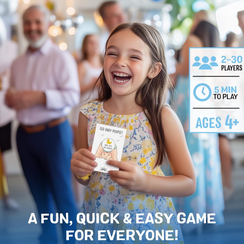 Pode incluir: Um jogo divertido, r&aacute;pido e f&aacute;cil para 2-30 jogadores, adequado para crian&ccedil;as a partir dos 4 anos. O jogo dura 5 minutos. O cart&atilde;o mostrado diz "Did baby poopie?"