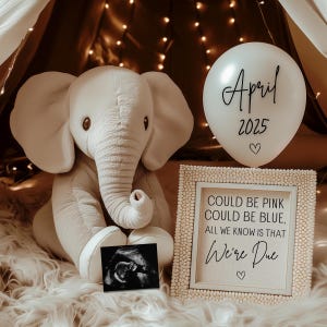 Annuncio di gravidanza boho gender-neutral, annuncio digitale di nascita, modello modificabile per annuncio di nascita di un elefante per i social media