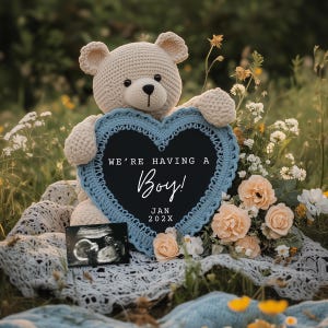 Plantilla de embarazo boho para niño Osito de peluche Anuncio de revelación de género de niño Anuncio de embarazo de primavera y verano Anuncio digital boho para Facebook para niño