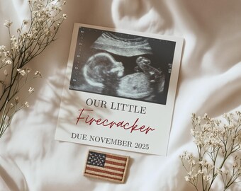 Baby Announcement 4th of July Pregnancy Announcement Boho Our Little Firecracker Baby Reveal American Flag Editable Template Social Media