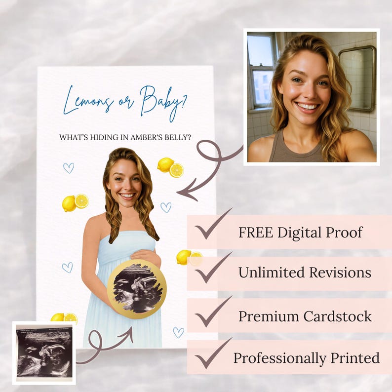 Puede incluir: Una invitaci&oacute;n para baby shower con el texto "Lemons or Baby?" y "What's hiding in Amber's belly?" El dise&ntilde;o incluye limones, corazones y una imagen de una mujer. Texto adicional indica prueba digital gratuita, revisiones ilimitadas, cartulina premium e impresi&oacute;n profesional.