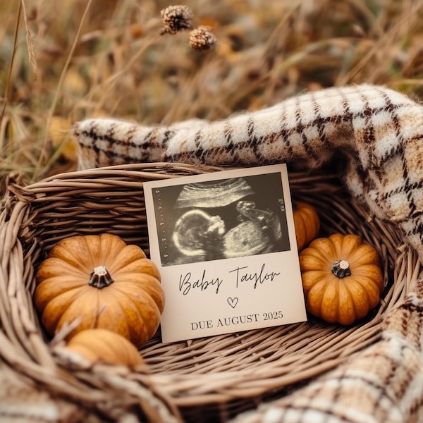 Pumpkin Pregnancy Announcement Gender Neutral Fall Baby Announcement Simple Digital September October November Baby Reveal Template Outdoor