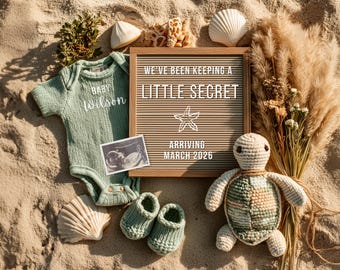 May include: A beach-themed pregnancy announcement with a light green onesie that says "Baby Wilson", baby booties, and a crocheted turtle. A letter board reads "We've been keeping a little secret, arriving March 2026."