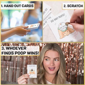 Pode incluir: Um jogo para um ch&aacute; de beb&ecirc;. O jogo consiste em raspar um cart&atilde;o para revelar se o beb&ecirc; fez coc&ocirc;. O cart&atilde;o diz "Did Baby Poopie?" e tem um beb&ecirc; de desenho animado em uma fralda. O texto "Don't bottle up this loss" tamb&eacute;m est&aacute; no cart&atilde;o.