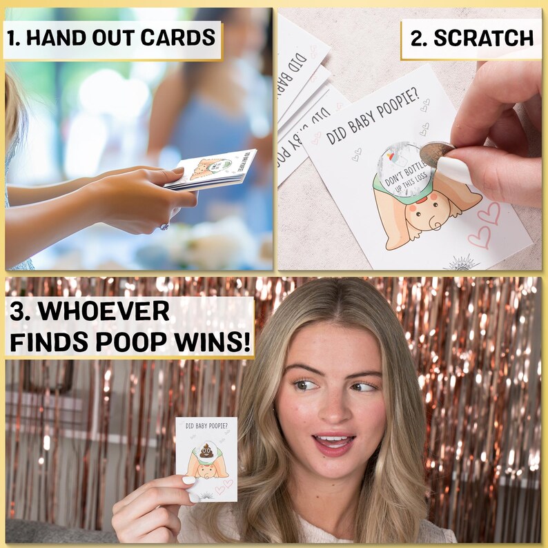 Pode incluir: Um jogo para um ch&aacute; de beb&ecirc;. O jogo consiste em raspar um cart&atilde;o para revelar se o beb&ecirc; fez coc&ocirc;. O cart&atilde;o diz "Did Baby Poopie?" e tem um beb&ecirc; de desenho animado em uma fralda. O texto "Don't bottle up this loss" tamb&eacute;m est&aacute; no cart&atilde;o.