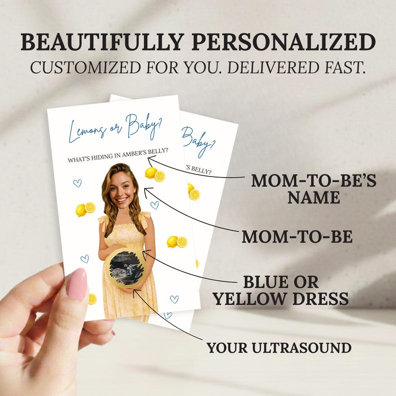 Puede incluir: Dos tarjetas personalizadas para el juego de baby shower con el texto "Lemons or Baby?" y "Baby?". Las tarjetas presentan una foto de una mujer con un vestido amarillo, limones y corazones. El texto "BEAUTIFULLY PERSONALIZED" est&aacute; en la parte superior.