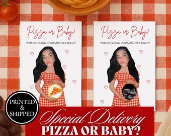 Op de afbeelding: Twee "Pizza of Baby?" krasloten. Elke kaart toont een vrouw in een rood-wit geruite jurk, met een pizza of een echo. De tekst luidt "Wat zit er in Samantha's buik?" en "Special Delivery PIZZA OF BABY? KRASSPEL."