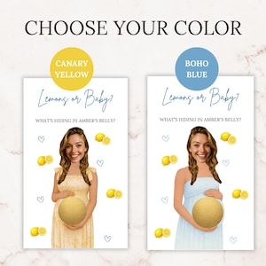 Puede incluir: Un juego de revelaci&oacute;n de g&eacute;nero con el texto "Elige tu color". Se muestran dos tarjetas, una con un tema amarillo y otra con un tema azul. Cada tarjeta tiene el texto "&iquest;Limones o beb&eacute;?" y "&iquest;Qu&eacute; se esconde en la barriga de Amber?"