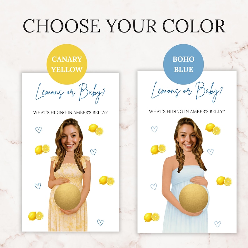 Puede incluir: Un juego de revelaci&oacute;n de g&eacute;nero con el texto "Elige tu color". Se muestran dos tarjetas, una con un tema amarillo y otra con un tema azul. Cada tarjeta tiene el texto "&iquest;Limones o beb&eacute;?" y "&iquest;Qu&eacute; se esconde en la barriga de Amber?"