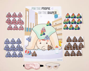 Jogo para Chá de Bebê "Coloque o Cocô na Fralda" para Imprimir - Jogos Divertidos para Chá de Bebê Misto - Melhor Jogo de Emoji para Chá de Bebê - Baixe Agora - Faça Você Mesmo