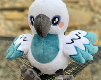 Peluche de pájaro blanco y azul, tela Minky bordada