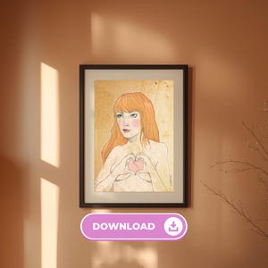 Può includere: Stampa artistica incorniciata con un ritratto di una donna con capelli rossi e pelle chiara, che forma un cuore con le mani. L'opera d'arte ha un'estetica vintage, con una palette di colori tenui e un pulsante di download.