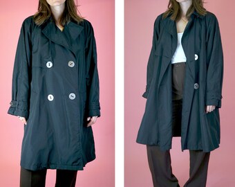 Krizia Schwarz Damen Mantel Vintage Zweireihig geknöpft Trenchcoat Mitte Länge Knie Länge Trapez Mantel Größe XL UK Größe 14-16 EU 42-44