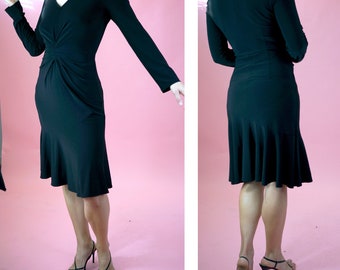 Schwarz Elegantes Kleid Jersey Midi Kleid Langarm Kleid Partykleid Vintage Drapiert Midi Abendkleid UK Größe 12/ EU 40 | Hergestellt in Kanada