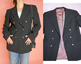 Black Vintage Double Breasted Womens Blazer Jacket Golden Buttons Peak Lapels Formal Blazer Size L-XL | Made in Finland