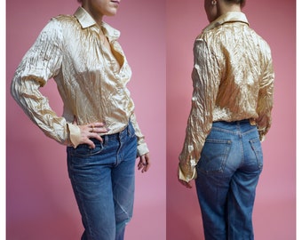 90s Vintage Gold Blouse Crinkled Shirt For Party Size L