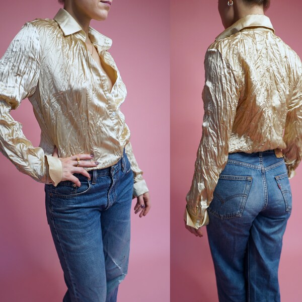 90s Vintage Gold Blouse Crinkled Shirt For Party Size L