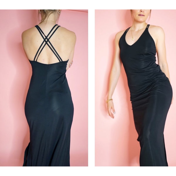 Long Black Slip Dress Open Back Criss Cross Back Dress Side Slit Maxi Dress | Backless Dress| Strappy Maxi Slip Dress | Size L