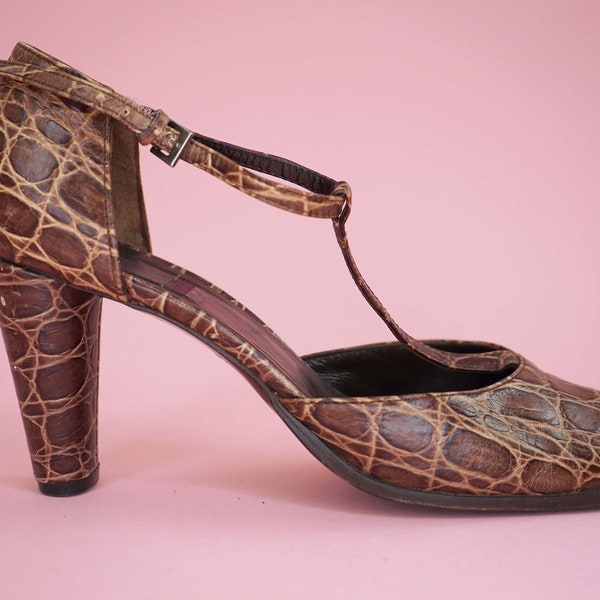 Snakeskin T Bar Mary Jane Pumps Brown T Strap Vintage Leather Heels, Retro Style Shoes Crocodile Pattern Courts Block Heel UK Size 7/ EU 40
