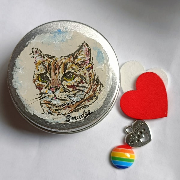 Pet loss Keepsake tin, Pet hair memory box, pet fur tin, hand painted pet portrait tin, Rainbow bridge tin, custom name pet gift, pet memory