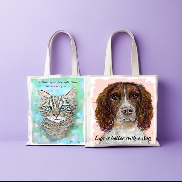 Tote Bags, unique art tote bags, small bags ideal for children, cotton tote bags. Choose imagery from dogs, cats, mice, fox, inspirational