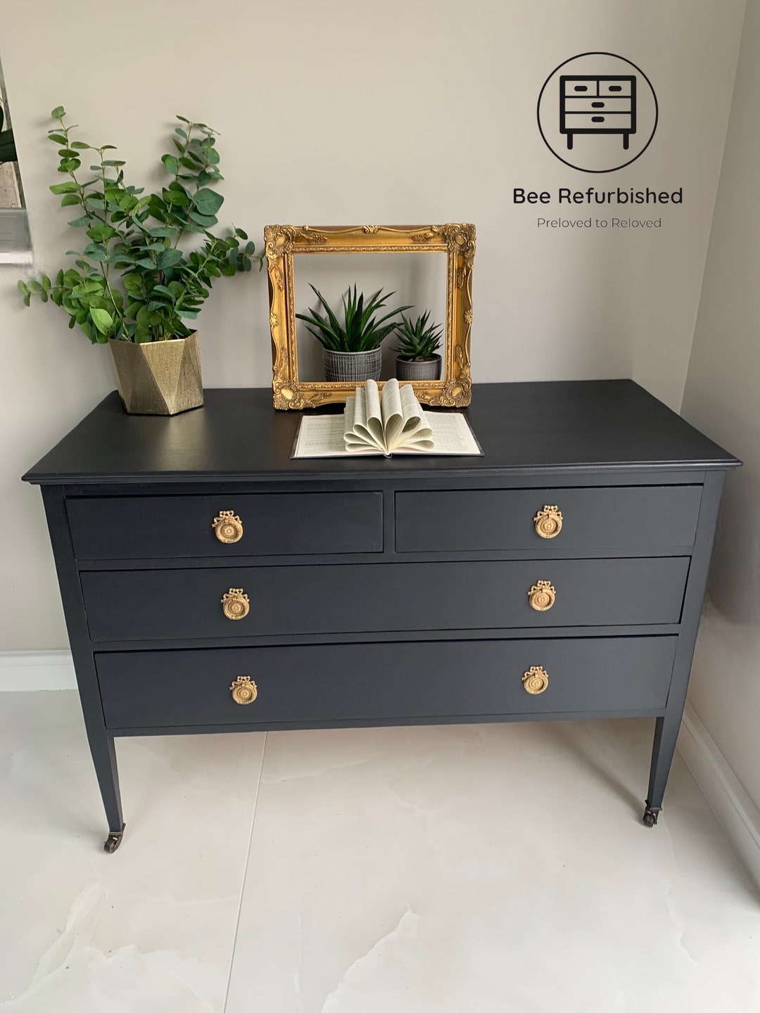 NOW SOLD Similar in Stock Available to Commission Bespoke Vintage Navy Blue Chest of Drawers on