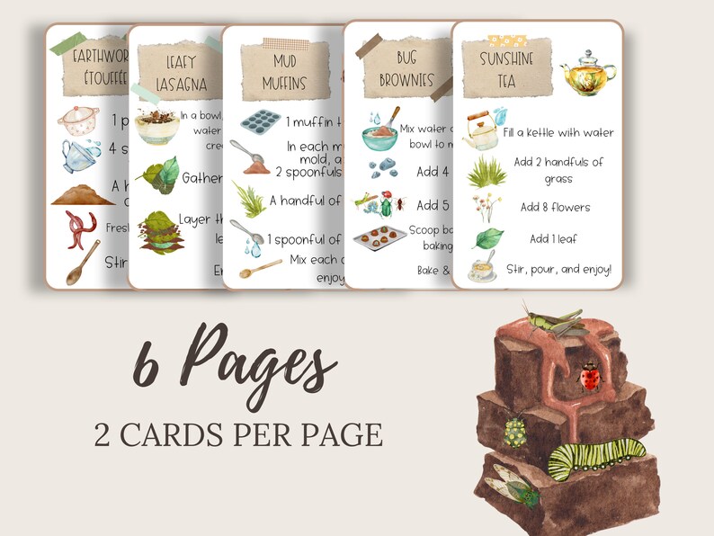 May include: Six illustrated recipe cards for making nature-themed treats. The cards feature watercolour illustrations of ingredients and steps for making Earthworm Tuffie, Leafy Lasagna, Mud Muffins, Bug Brownies, and Sunshine Tea. The cards are designed to look like recipe cards with a brown paper background and handwritten text.
