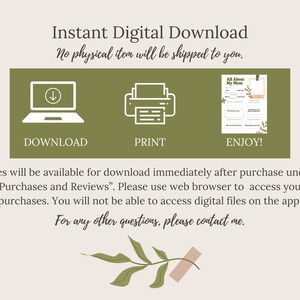 Puede incluir: Un gr&aacute;fico de descarga digital verde y blanco con iconos para descargar, imprimir y disfrutar. El gr&aacute;fico incluye el texto "Descarga digital instant&aacute;nea" y "No se enviar&aacute; ning&uacute;n art&iacute;culo f&iacute;sico". El gr&aacute;fico tambi&eacute;n incluye un cuestionario imprimible "Todo sobre mi mam&aacute;".