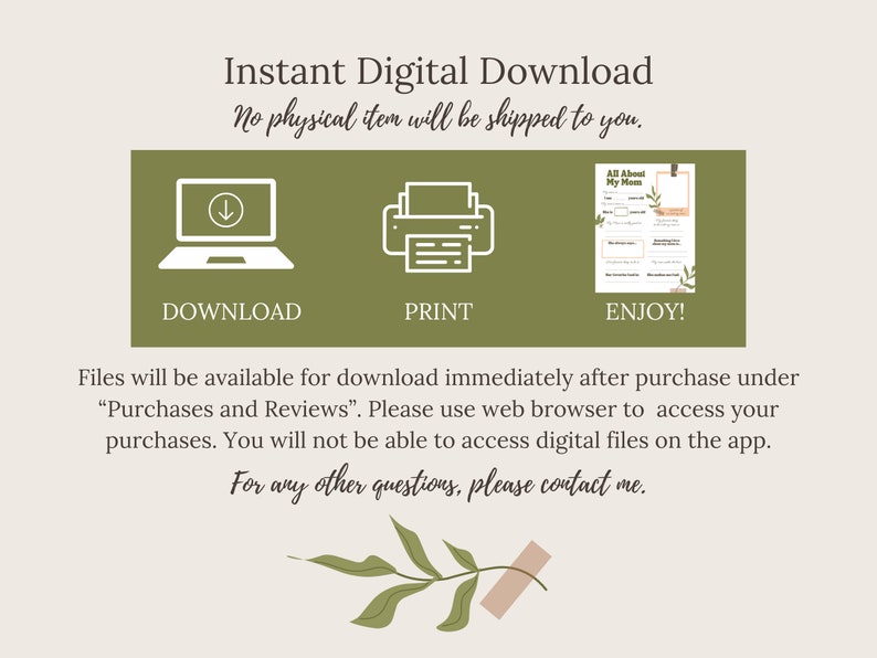 Puede incluir: Un gr&aacute;fico de descarga digital verde y blanco con iconos para descargar, imprimir y disfrutar. El gr&aacute;fico incluye el texto "Descarga digital instant&aacute;nea" y "No se enviar&aacute; ning&uacute;n art&iacute;culo f&iacute;sico". El gr&aacute;fico tambi&eacute;n incluye un cuestionario imprimible "Todo sobre mi mam&aacute;".