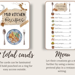 May include: A set of 12 printable cards for pretend play. The cards feature a brown and white background with a brown and white illustration of a plate of food. The cards are designed to be laminated and punched for easy access. The cards include a menu with prices for pretend play food items like Mud Pie, Bark Tacos, Stone Salad, Pelal Pizza, Snal Stew, Bug Brownies, Sunshine Tea, Earthworm Elouff&eacute;e, Leafy Lasagna, and Mud Muffins.