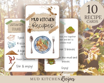 Cartões de receitas de cozinha de lama para impressão, ideias de cozinha de lama, cartões de ingredientes de cozinha de lama, cartões de receitas de jogo sensorial, escola da floresta, Montessori