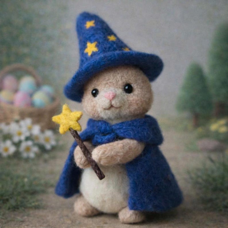 May include: A handcrafted felt bunny dressed as a wizard, wearing a blue hat with yellow stars and a matching cape. The bunny holds a yellow star-shaped wand. The background is blurred, suggesting an outdoor setting with a basket of Easter eggs.