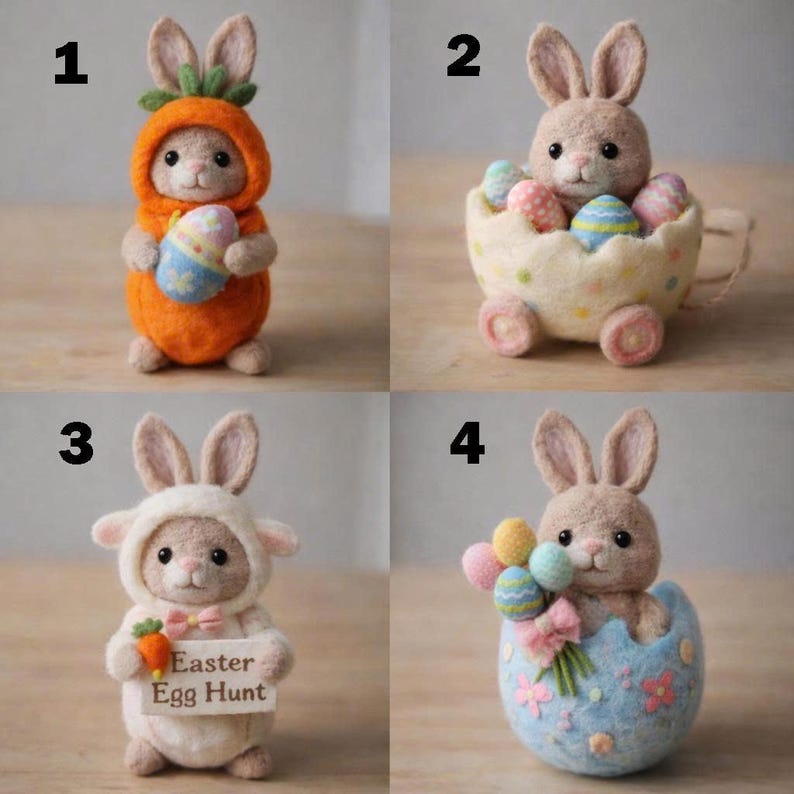 May include: Four handmade Easter bunny figurines. One bunny wears a carrot costume and holds an Easter egg. Another sits in a cart filled with eggs. A third bunny holds an "Easter Egg Hunt" sign. The last bunny is in an egg.