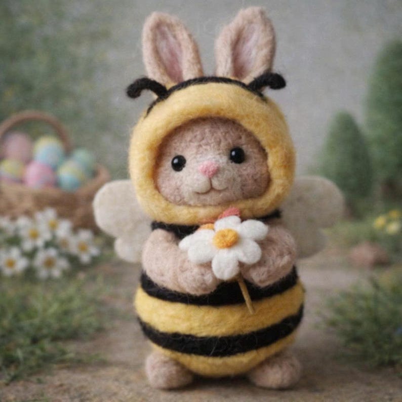 May include: A handmade felt bunny dressed as a bee, wearing a yellow and black striped costume with small white wings. The bunny holds a white daisy with a yellow center. The background is a blurred outdoor scene with a basket of Easter eggs.