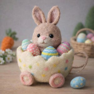 May include: A handcrafted Easter bunny figurine made of felt, nestled in a felt egg-shaped cart filled with colorful Easter eggs. The bunny has large ears and a pink nose. The cart has pink wheels and is decorated with colorful polka dots.