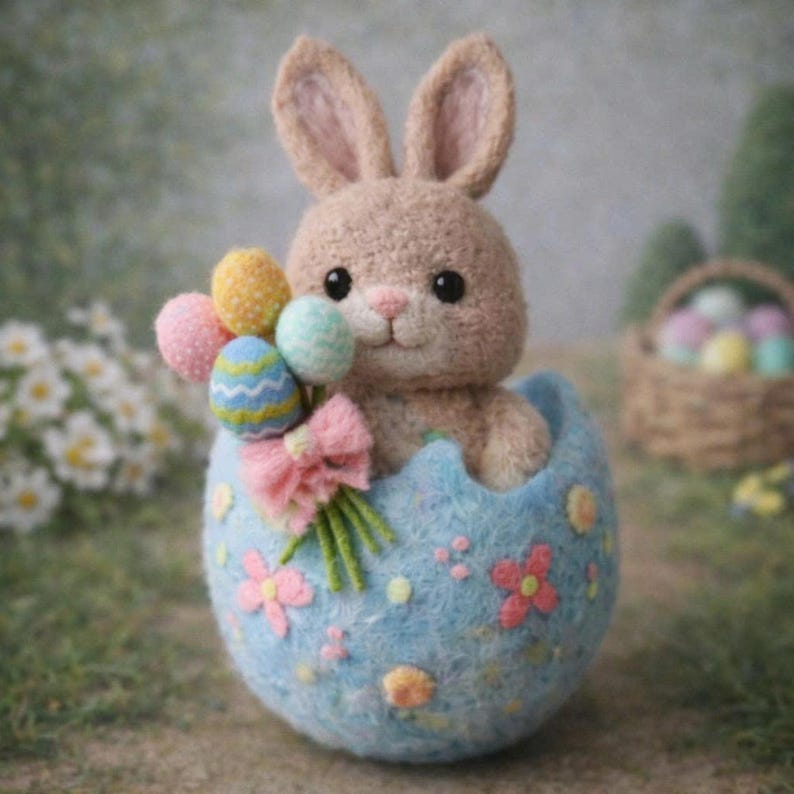 May include: A tan bunny figurine emerging from a light blue egg adorned with pink and yellow flowers. The bunny holds a bouquet of pastel-colored Easter eggs and a pink bow. A wicker basket filled with Easter eggs is in the background.