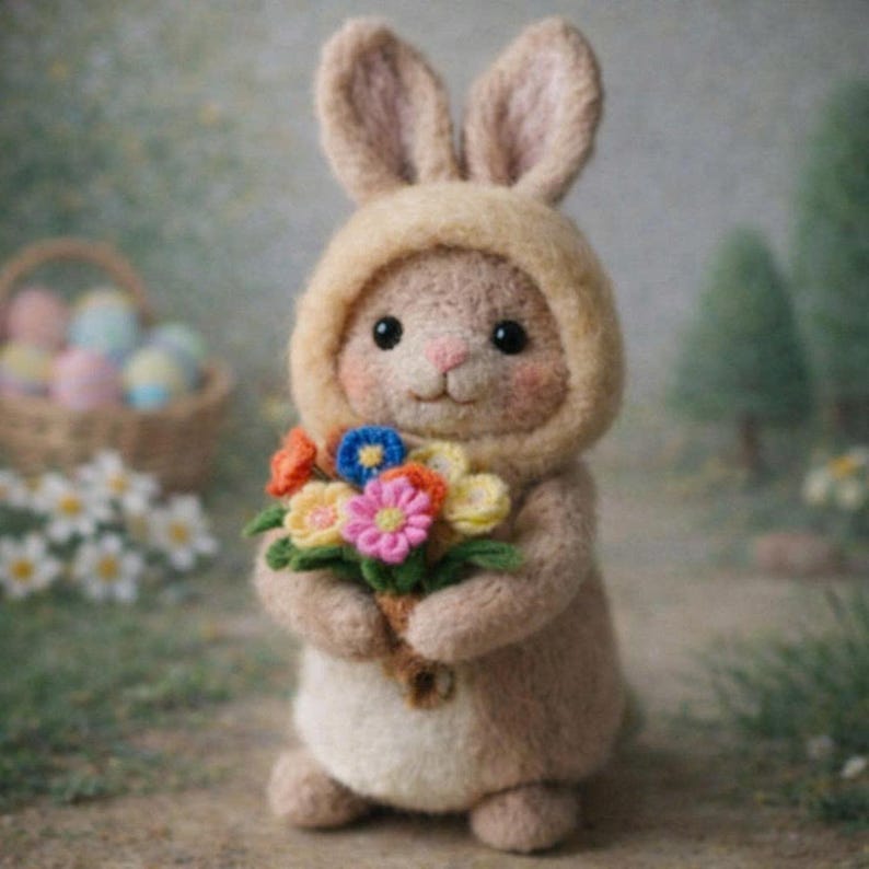 May include: A plush bunny wearing a hooded outfit, holding a bouquet of colorful flowers. The bunny has large, dark eyes and a pink nose. A basket of Easter eggs and daisies are in the background.
