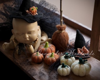 Halloween Neugeborenen Foto Requisiten Set, Filz Kürbis Requisiten, Hexenhut Baby Outfit, Herbst Neugeborenen Fotografie Accessoires, handgemachte Wolle Requisiten