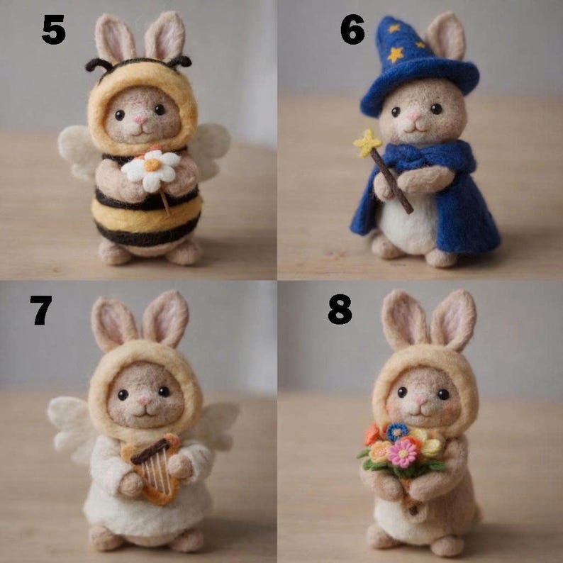 May include: A collection of handmade felted bunny figurines. One is dressed as a bee with wings and a daisy, another as a wizard with a blue hat and cape, a third with a harp, and the last holding a bouquet of flowers. Each bunny has long ears.