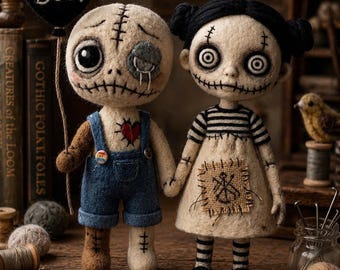 Spooky Cute Needle Felt Doll Couple, Creepy Handmade Halloween Dolls, Gothic Voodoo Boy and Girl, Dark Cottagecore Shelf Decor