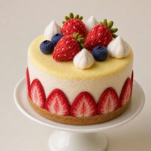 以下が含まれることがあります： 白いケーキスタンドに乗ったニードルフェルトのケーキの彫刻。ケーキは淡い黄色のトップ、赤いイチゴのスライスで飾られた白い側面が特徴で、3つの赤いイチゴ、3つの青いブルーベリー、白いクリームの絞り出しがトッピングされています。