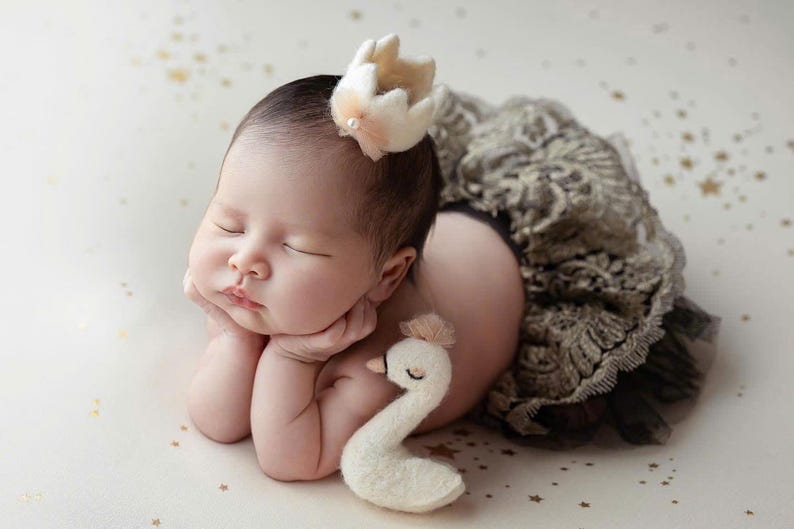 K&ouml;nnte beinhalten: Ein schlafendes Baby mit einer kleinen Krone und einem dekorativen Rock. Ein wei&szlig;es Schwan-Pl&uuml;schtier liegt in der N&auml;he. Das Baby liegt auf einer cremefarbenen Oberfl&auml;che mit goldenen Sternakzenten.