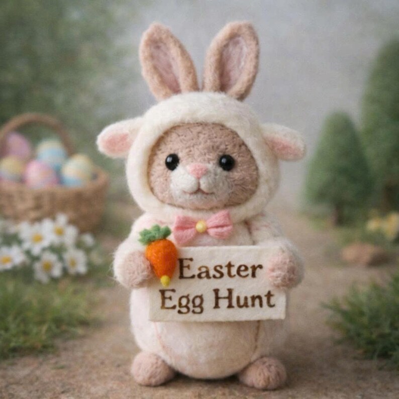 May include: A plush bunny wearing a lamb costume, holding a sign that reads "Easter Egg Hunt." The bunny has a pink bow tie and is holding a small orange carrot. A basket of Easter eggs is in the background.