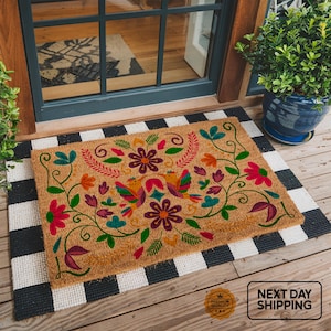 Floral Doormat, Welcome Doormat, Boho Doormat, Housewarming Gift, Coir Doormat, Floral Front Door Decor, Home Decor, Colorful Doormat