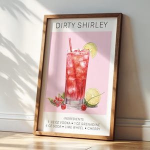 May include: A printable cocktail recipe poster with a pink background. The poster features a glass of a red cocktail with a lime wedge and a cherry. The text on the poster reads 